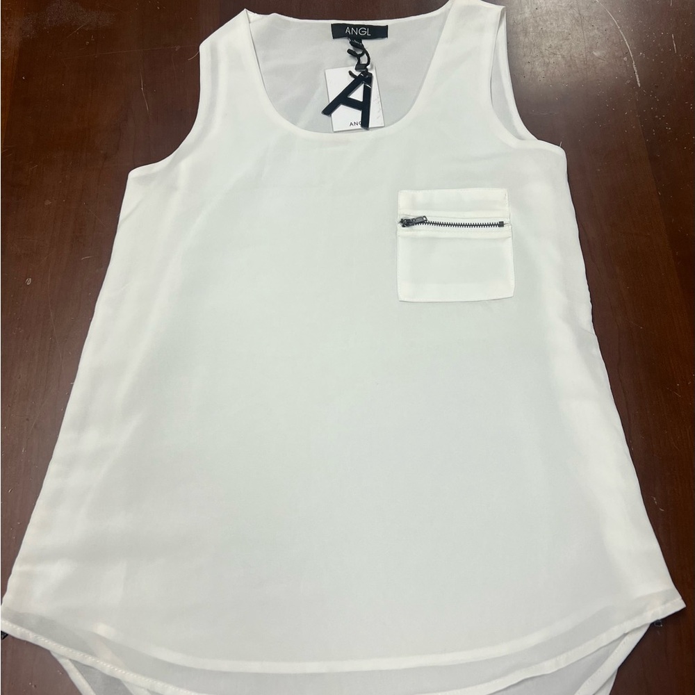 NWT ANGL white Tank Top with Scoop Neckline zipper sides. Front pocket size LG